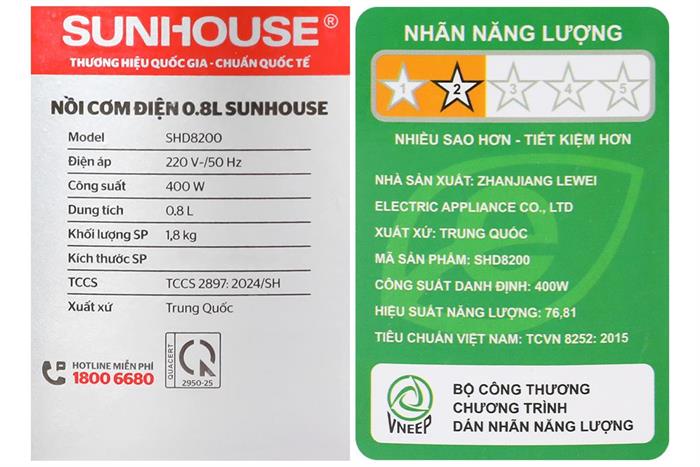 Nồi cơm nắp gài Sunhouse 0.8 lít SHD8200 Màu Xanh Lá Mạ