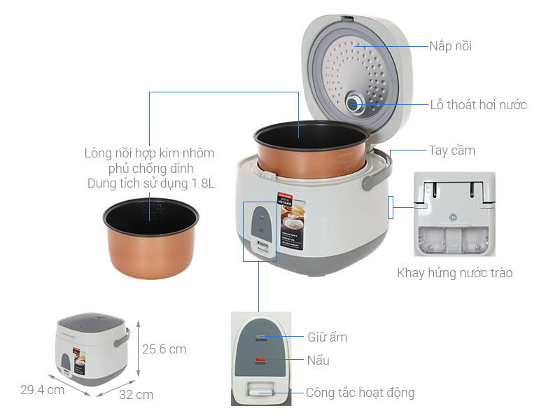 Nồi cơm nắp gài Sunhouse 1.8 lít SHD8611GR