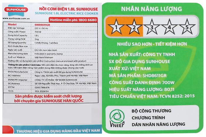Nồi cơm nắp gài Sunhouse 1.8 lít SHD8611GR Màu Xám