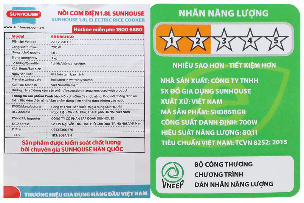 Nồi cơm nắp gài Sunhouse 1.8 lít SHD8611GR Màu Xám