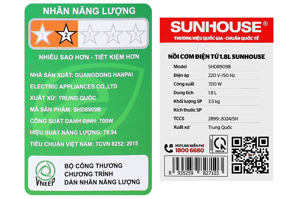 Nồi cơm điện tử Sunhouse 1.8 lít SHD8909B Màu Đen