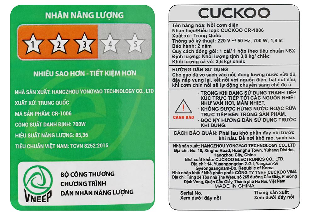 Nồi cơm nắp gài Cuckoo 1.8 lít CR-1006/SIWHCRVNCV Màu Bạc