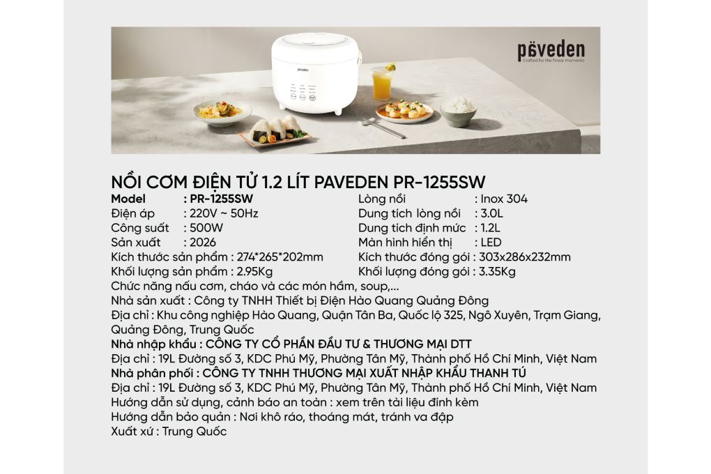Nồi cơm điện tử 1.2 lít PAVEDEN PR-1255SW Màu Trắng