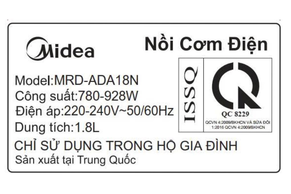 Nồi cơm điện tử Midea 1.8 lít MRD-ADA18N Màu Đen - nâu
