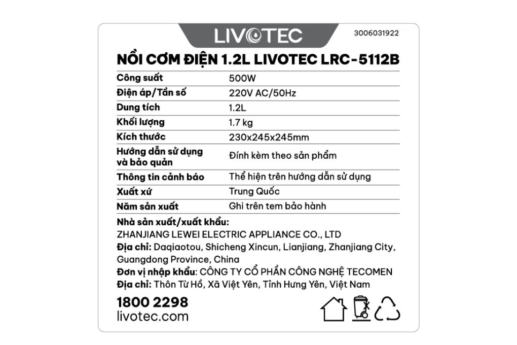 Nồi cơm nắp gài Livotec 1.2 lít LRC-5112B - 6