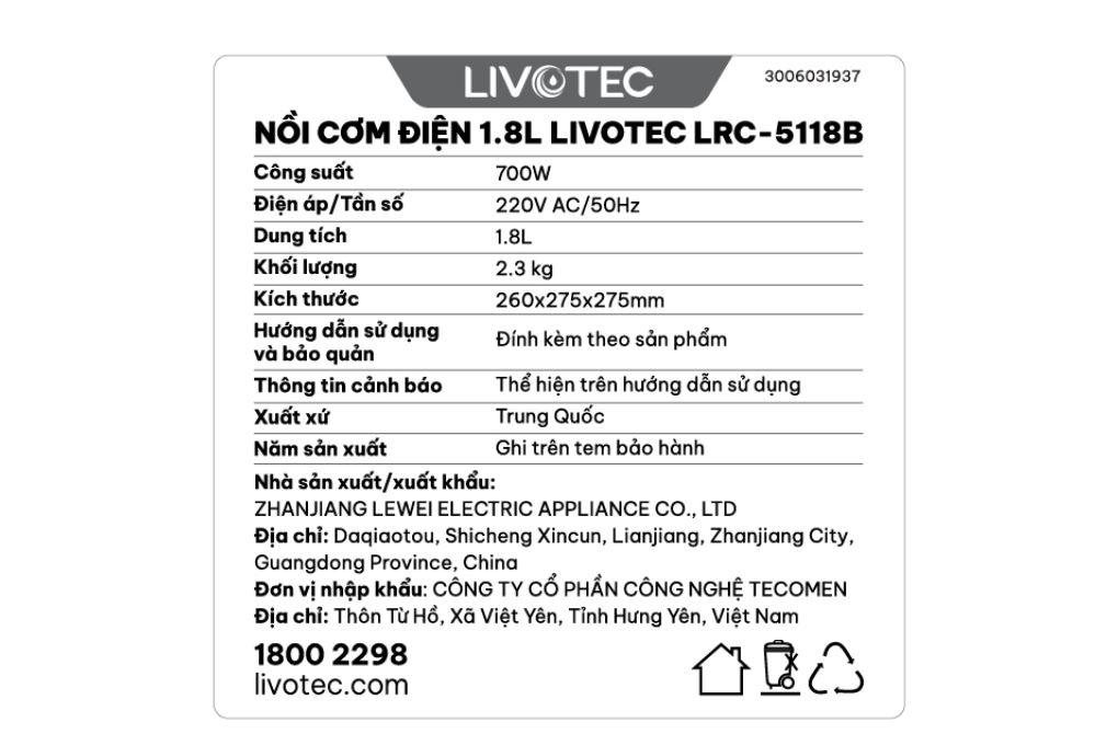 Nồi cơm nắp gài Livotec 1.8 lít LRC-5118B - 5