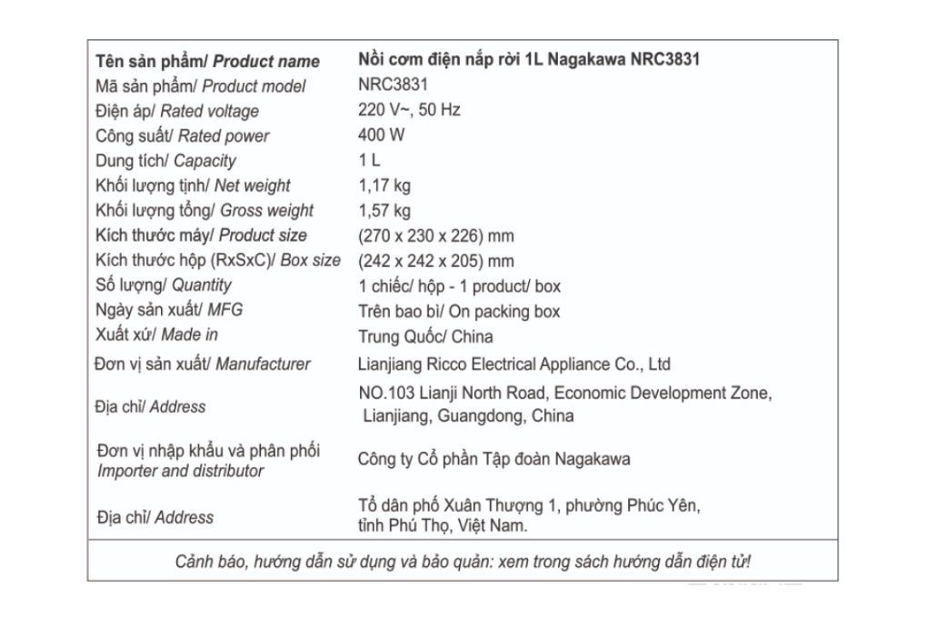 Nồi cơm nắp rời Nagakawa 1 lít NRC3831 Màu Trắng - Đen