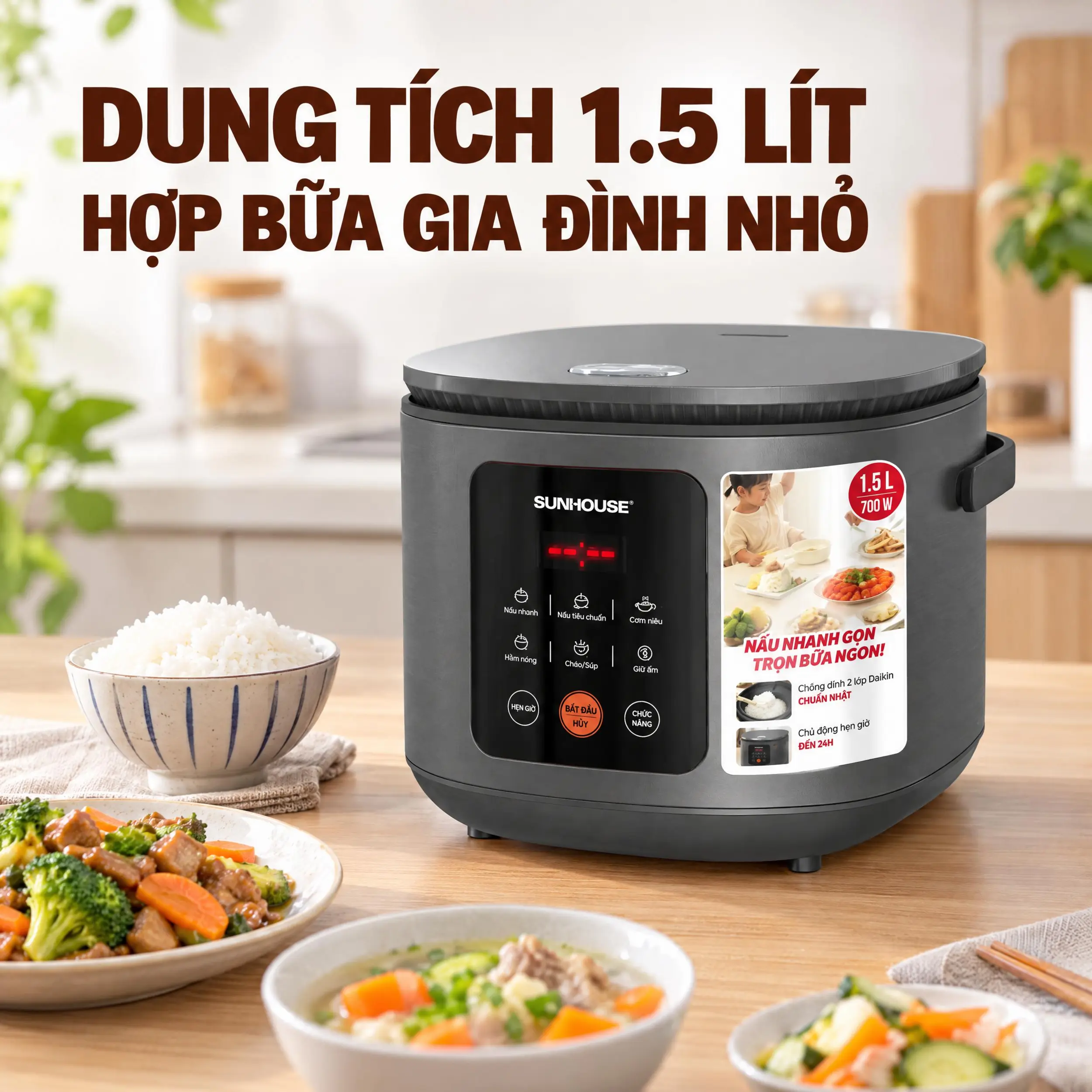 Nồi cơm điện tử Sunhouse 1.5 lít SHD8825 Màu Đen