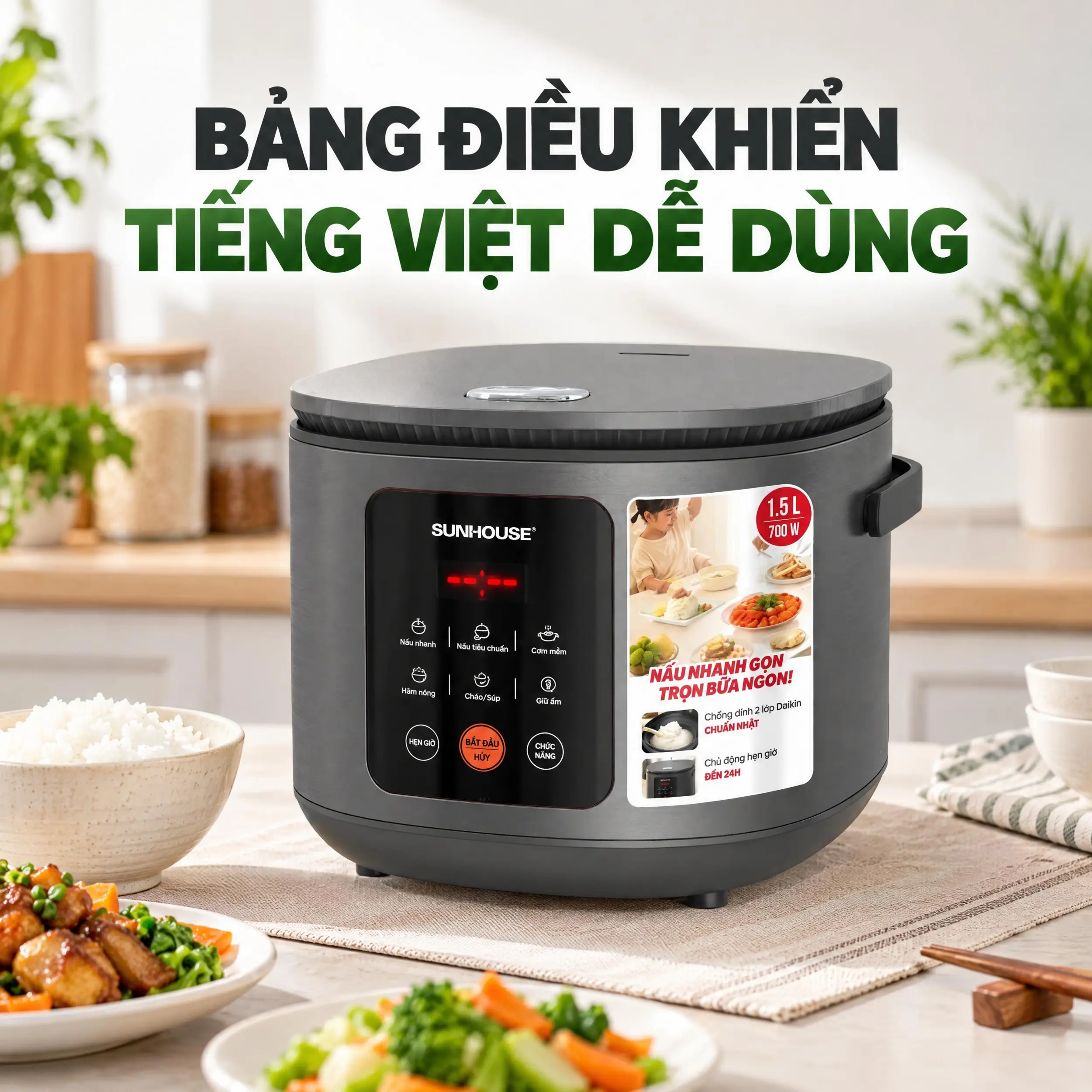 Nồi cơm điện tử Sunhouse 1.5 lít SHD8825 Màu Đen