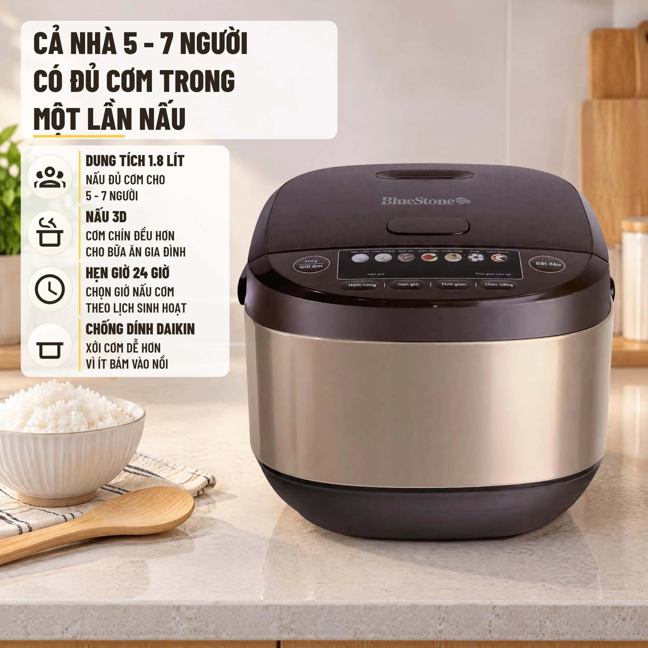 Nồi cơm điện tử Bluestone 1.8 lít RCB-5958 Màu Vàng đồng