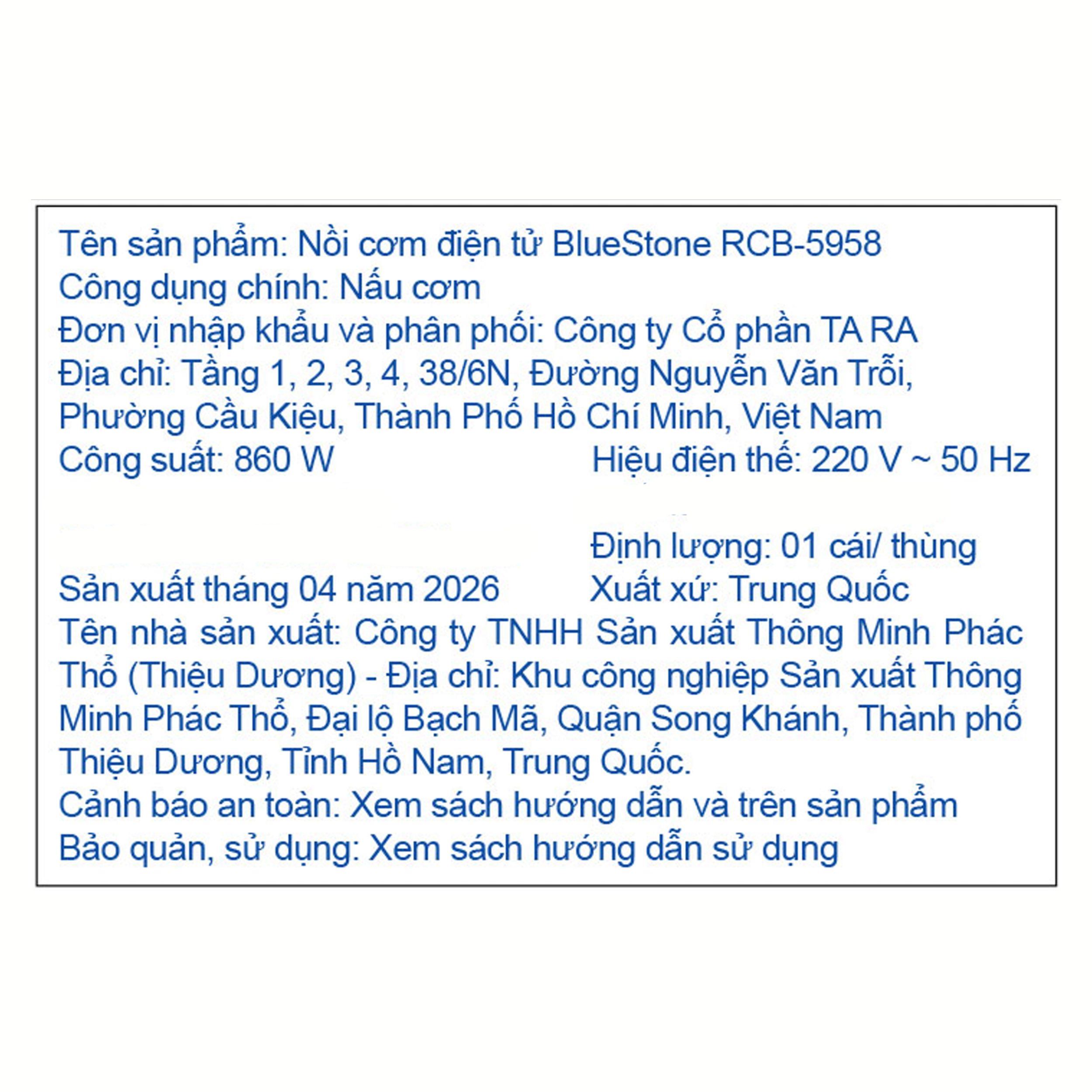 Nồi cơm điện tử Bluestone 1.8 lít RCB-5958 Màu Vàng đồng