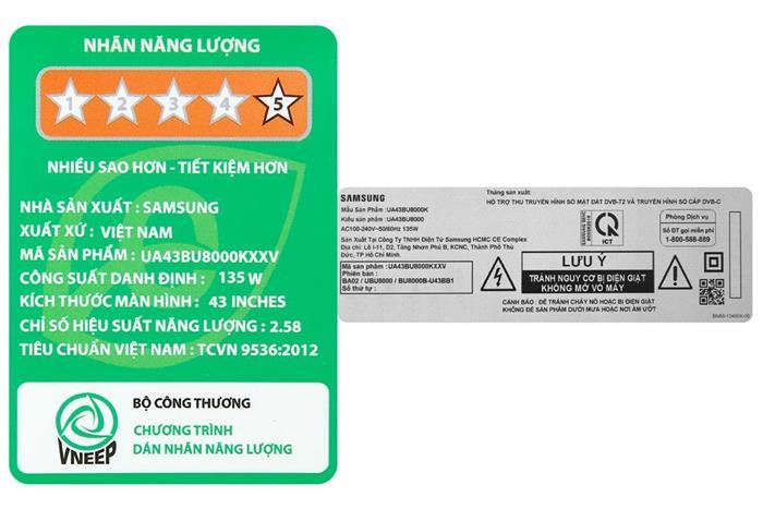 Smart Tivi Samsung 4K Crystal UHD 43 inch UA43BU8000 Màu Đen