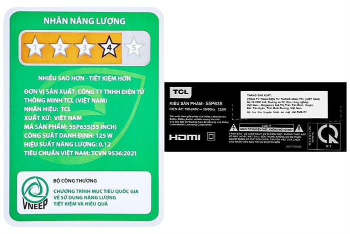 Google Tivi TCL AI 4K 55 inch 55P635 Màu Đen