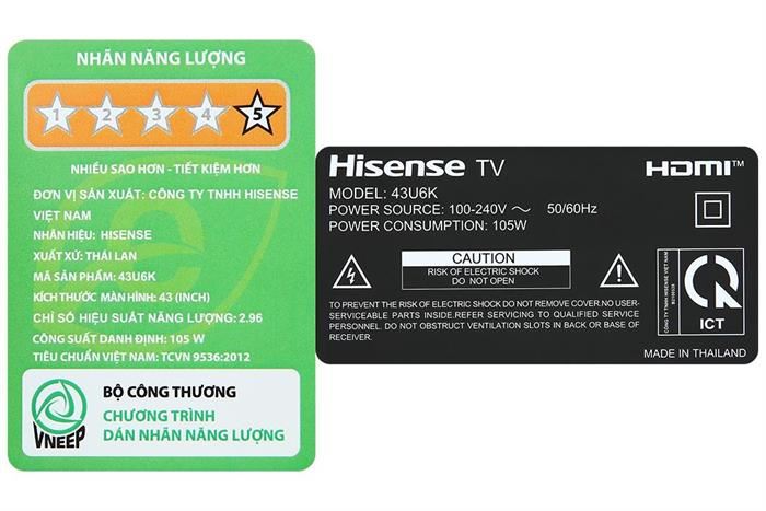 Google Tivi ULED Hisense AI 4K 43 inch 43U6K Màu Đen