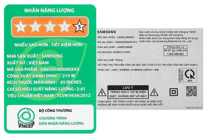 Smart Tivi Crystal UHD Samsung 4K 65 inch UA65DU8000 Màu Đen