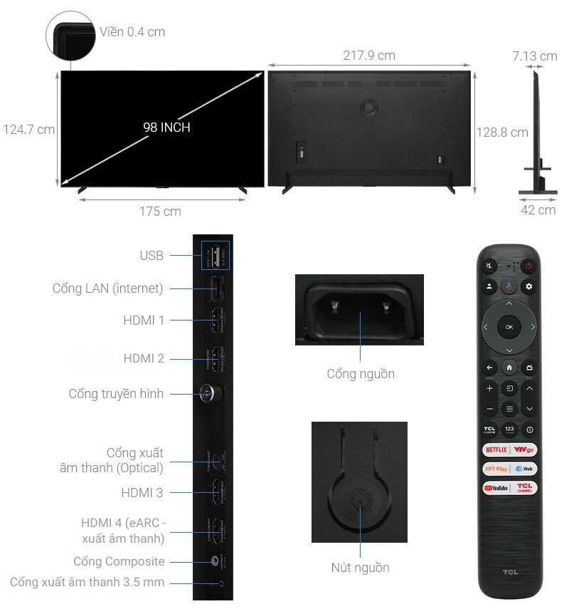 Google Tivi QLED TCL 4K 98 inch 98C69B