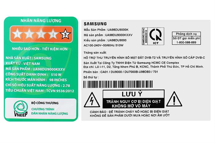 Smart Tivi Crystal UHD Samsung 4K 98 inch UA98DU9000 Màu Đen