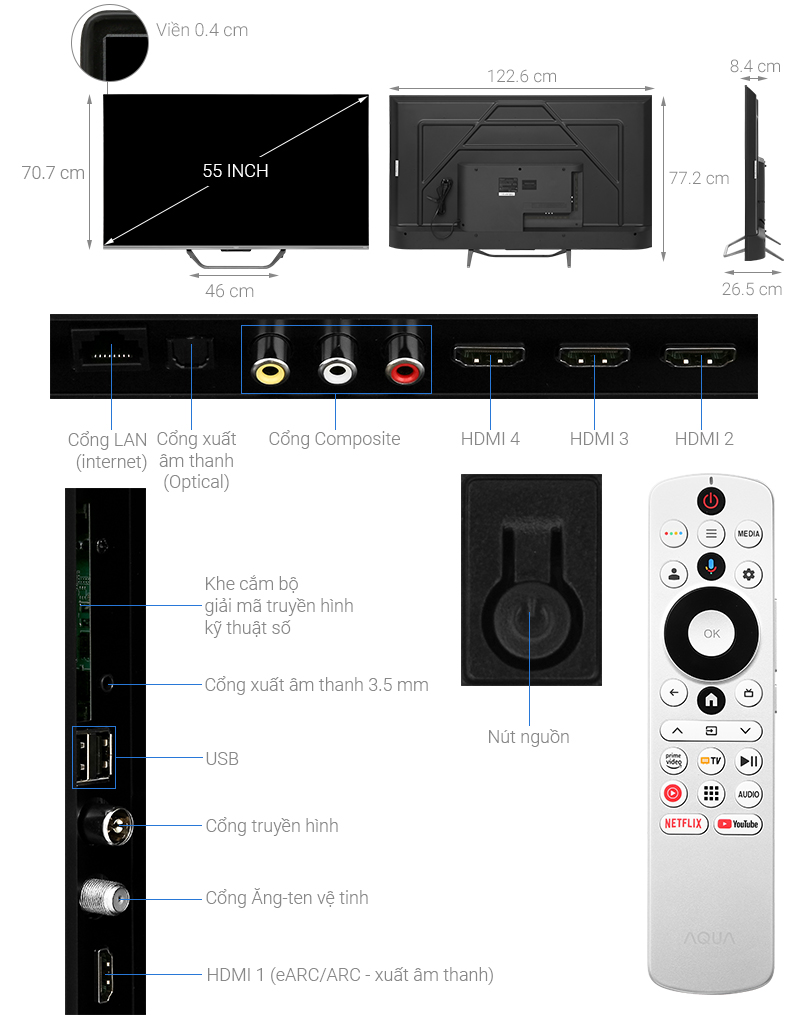 Google Tivi QLED Aqua 4K 55 inch AQT55S800UX