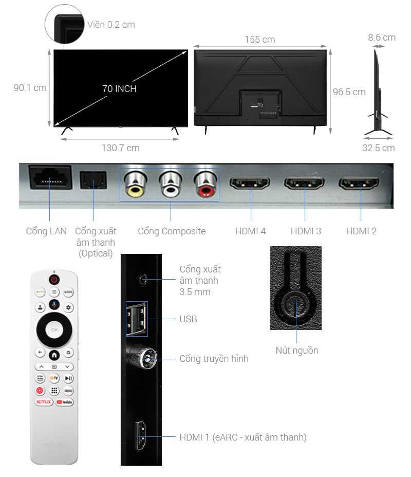 Google Tivi QLED Aqua 4K 70 inch AQT70K800UX