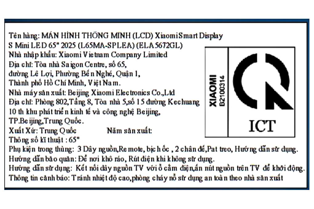 Màn hình thông minh Xiaomi 4K 65 inch Smart Display S ELA5672GL 2025 Màu Đen