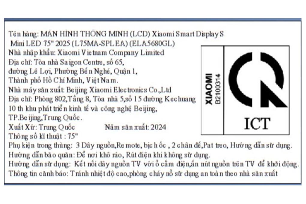 Màn hình thông minh Xiaomi 4K 75 inch Smart Display S ELA5680GL 2025 Màu Đen