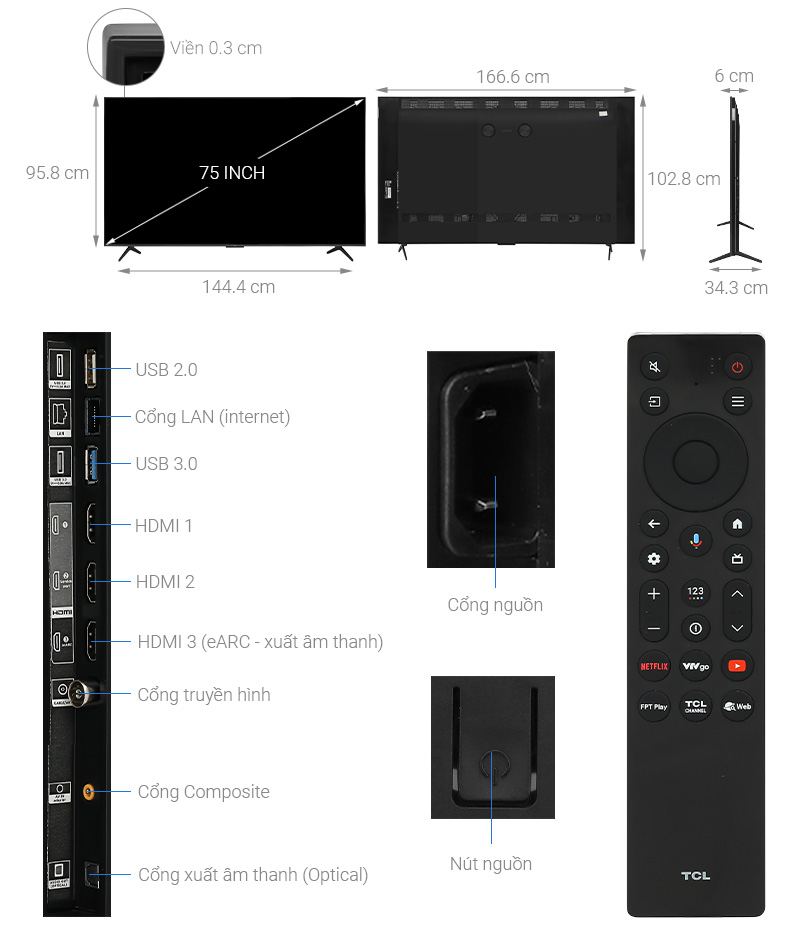 Google Tivi QD-Mini LED TCL AI 4K 75 inch 75C6KS