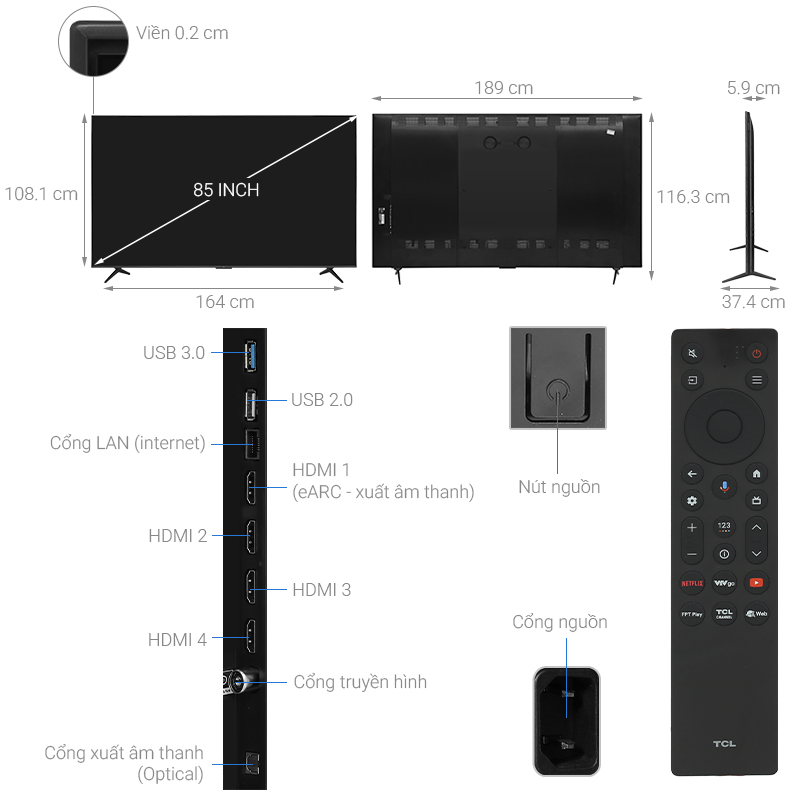 Google Tivi QD-Mini LED TCL AI 4K 85 inch 85C6K