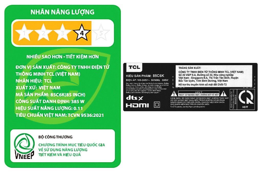 Google Tivi QD-Mini LED TCL AI 4K 85 inch 85C6K Màu Đen