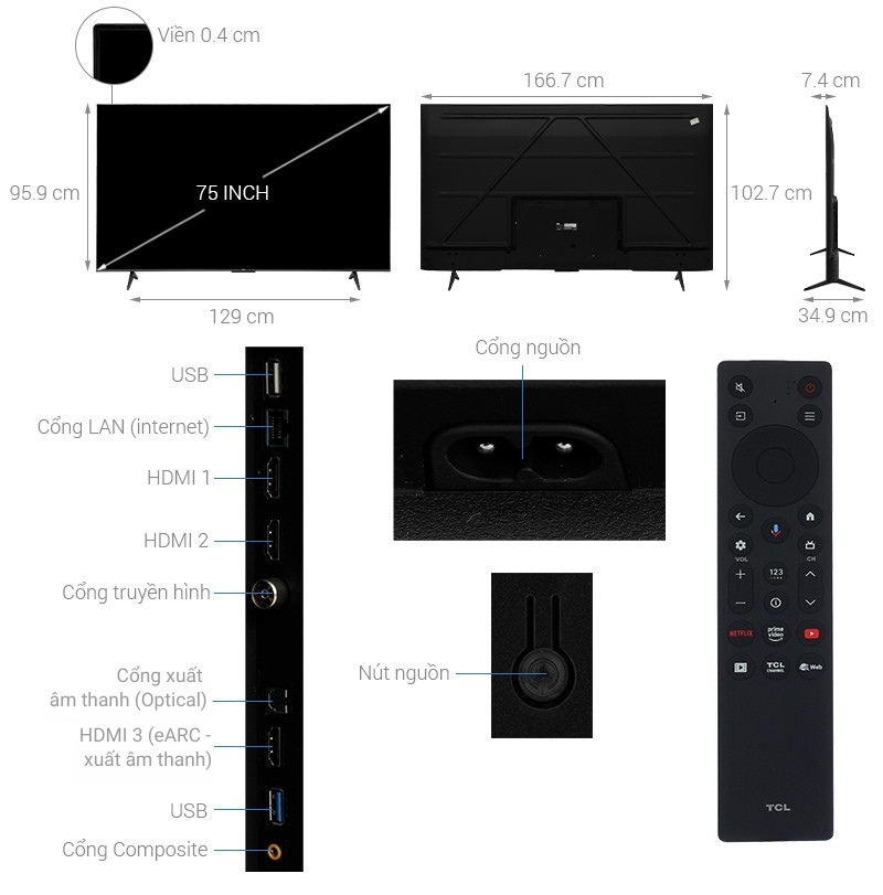 Google Tivi TCL AI 4K 75 inch 75P69K
