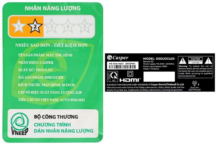 Google Tivi Casper 4K 50 inch D50UGC620 Màu Đen