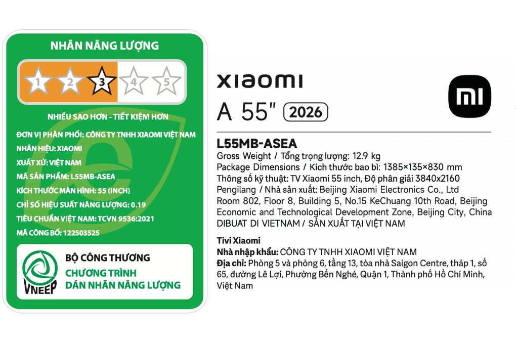Google Tivi Xiaomi A 4K 55 inch L55MB-ASEA 2026 Màu Đen
