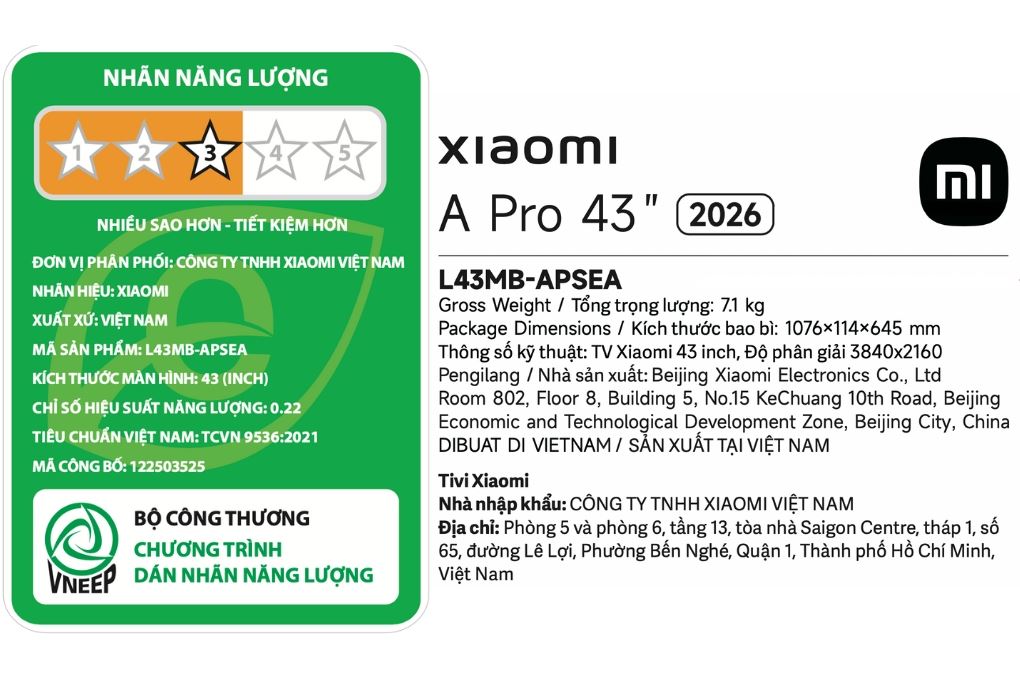 Google Tivi QLED Xiaomi A Pro 4K 43 inch L43MB-APSEA 2026 Màu Đen