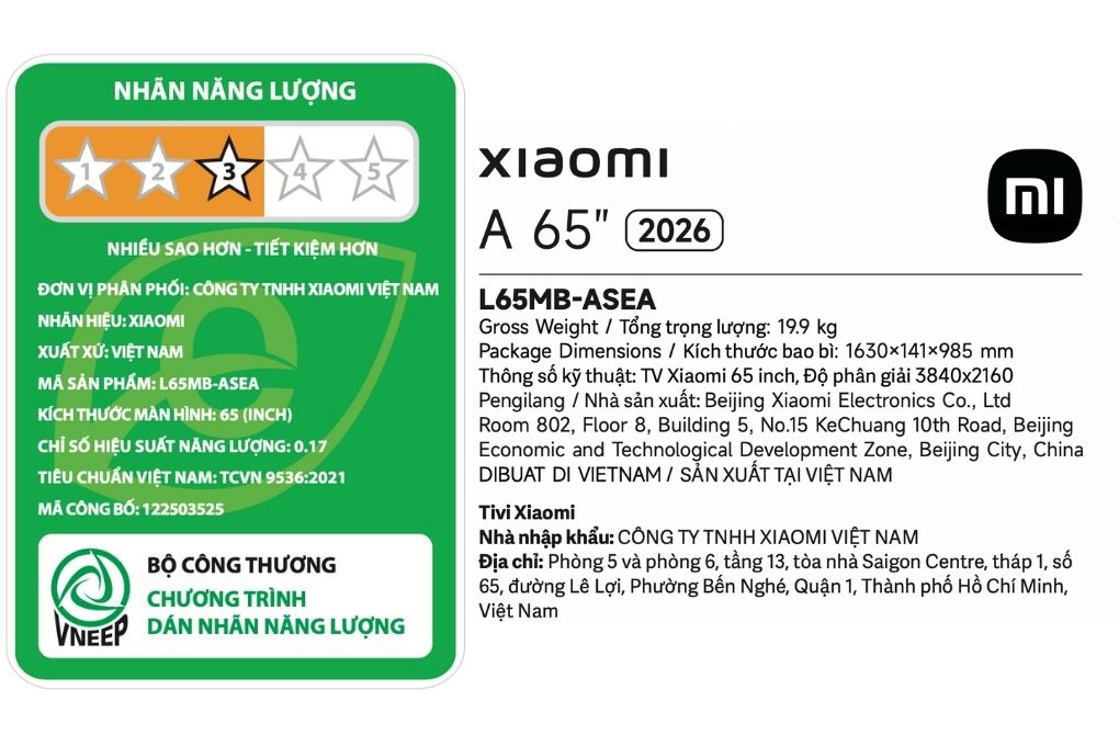 Google Tivi Xiaomi A 4K 65 inch L65MB-ASEA 2026 Màu Đen