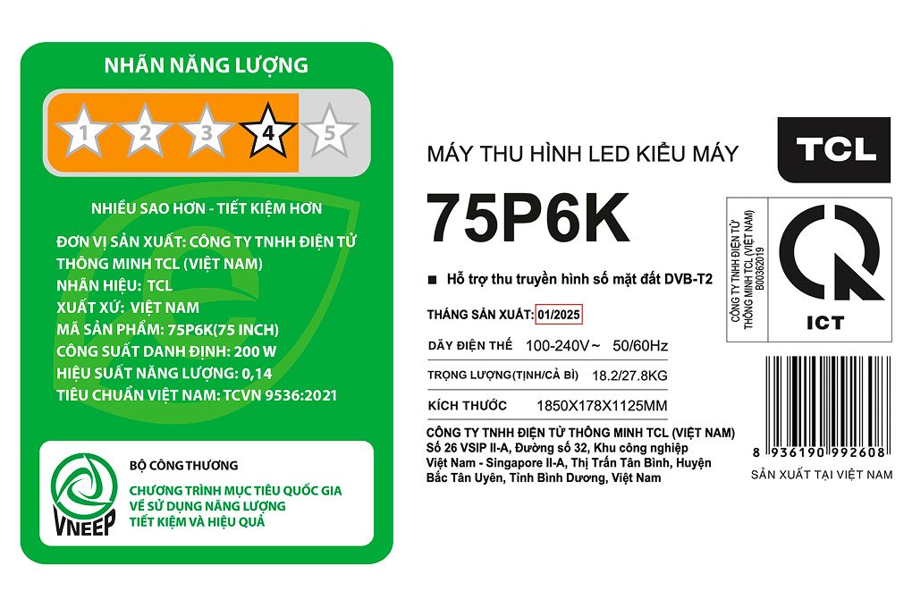 Google Tivi TCL AI 4K 75 inch 75P6K Màu Đen