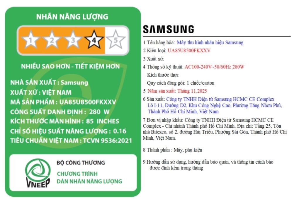 Smart Tivi Crystal UHD Samsung 4K 85 inch UA85U8500F Màu Đen