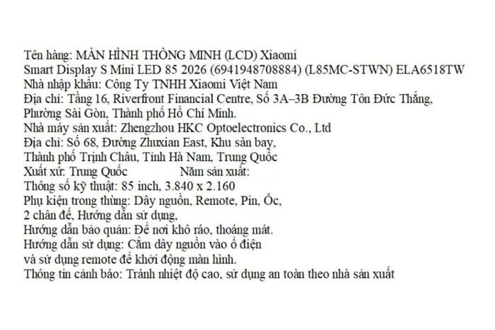 Màn hình thông minh Xiaomi 4K 85 inch Smart Display S L85MC-STWN 2026 Màu Đen