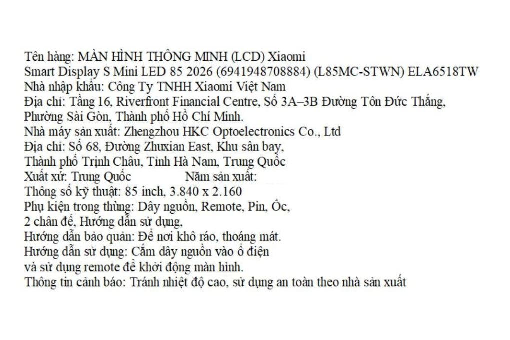 Màn hình thông minh Xiaomi 4K 85 inch Smart Display S L85MC-STWN 2026 Màu Đen
