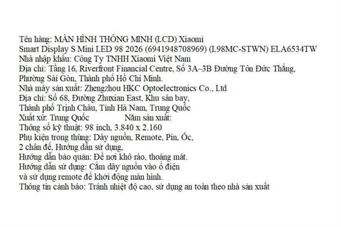 Màn hình thông minh Xiaomi 4K 98 inch Smart Display S L98MC-STWN 2026 Màu Đen