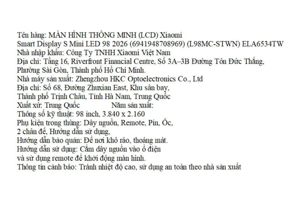 Màn hình thông minh Xiaomi 4K 98 inch Smart Display S L98MC-STWN 2026 Màu Đen