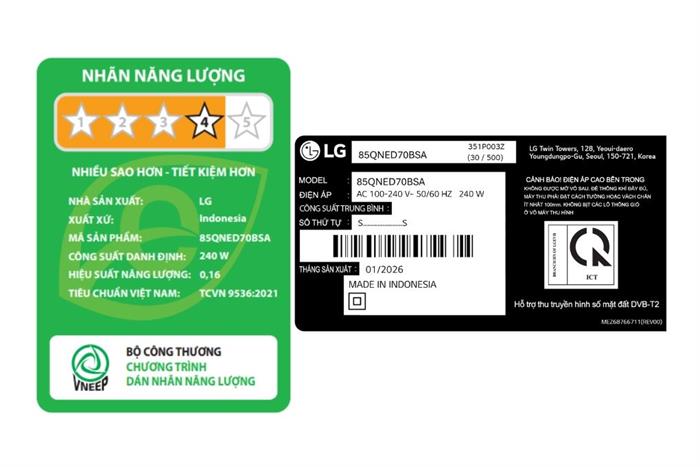 Smart Tivi QNED LG AI 4K 85 inch 85QNED70BSA Màu Đen