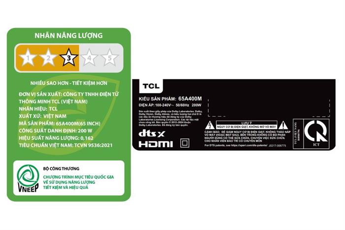 Google Tivi QD-Mini LED TCL 4K 65 inch 65A400M Màu Đen