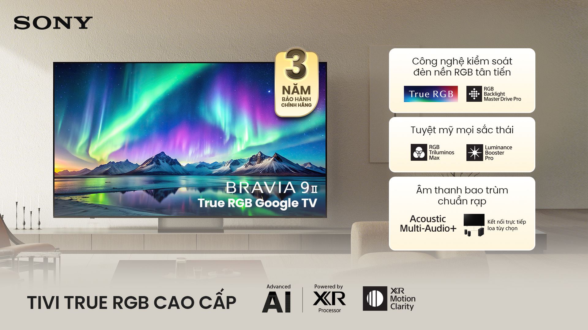 Google Tivi True RGB Sony AI 4K 85 inch K-85XR90M2 Màu Đen