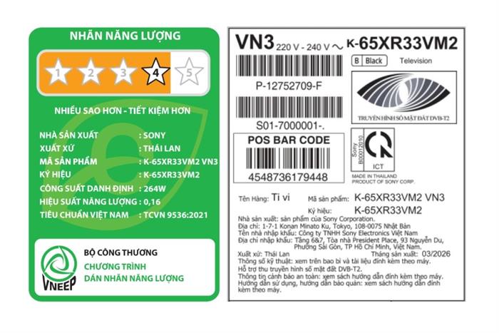 Google Tivi Sony 4K 65 inch K-65XR33VM2 Màu Đen