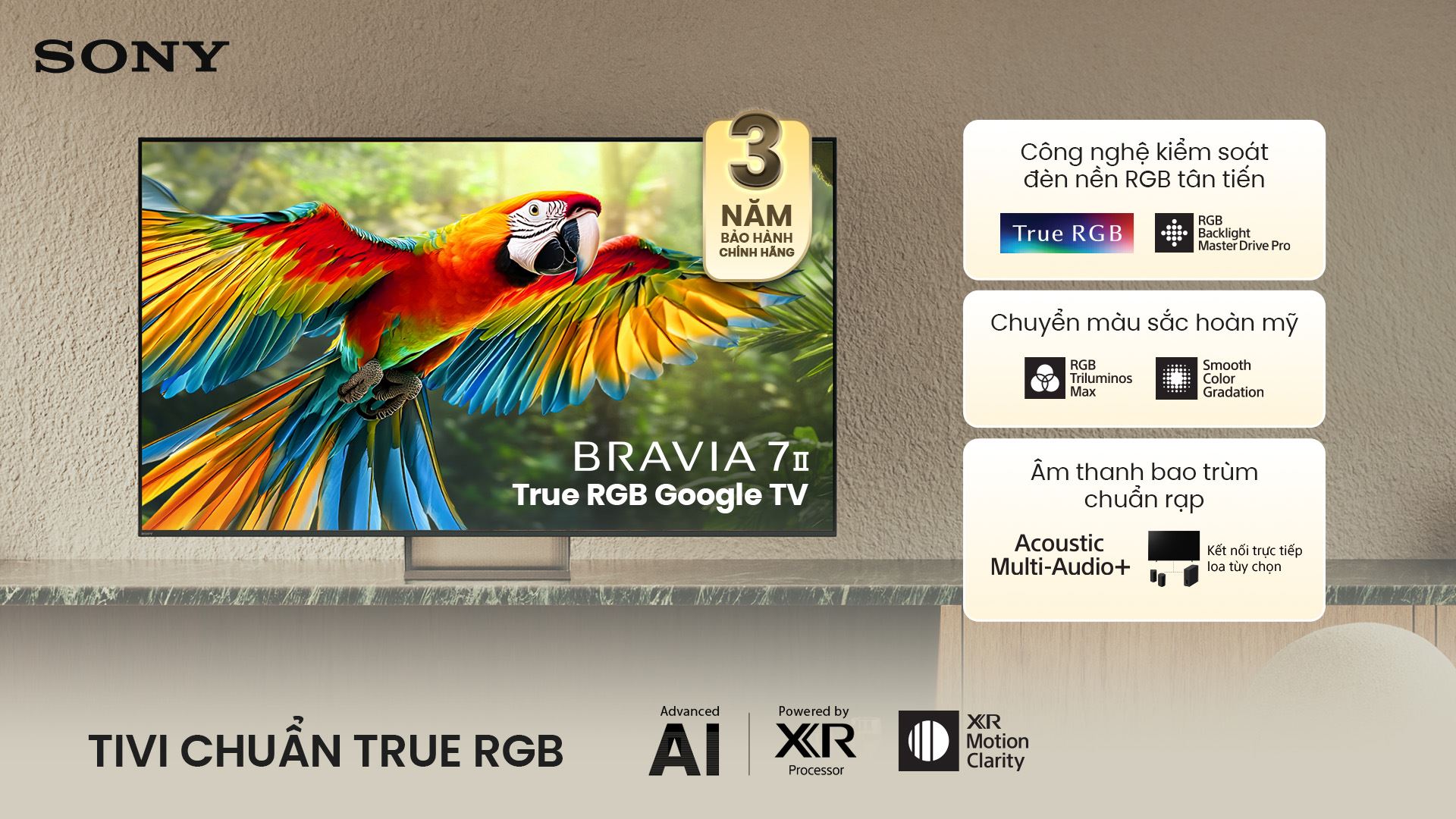 Google Tivi True RGB Sony AI 4K 55 inch K-55XR70M2 Màu Đen