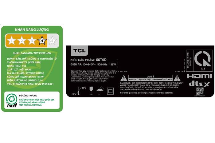 Google Tivi QLED TCL 4K 55 inch 55T6D Màu Đen