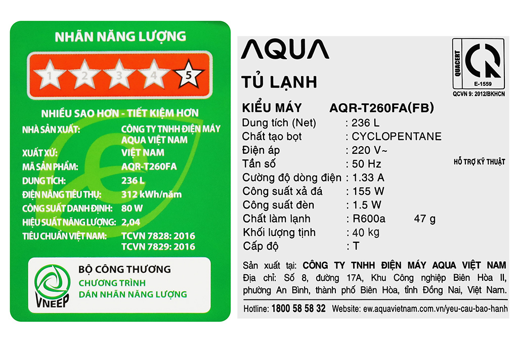 Tủ lạnh Aqua Inverter 236 lít AQR-T260FA(FB) Màu Đen