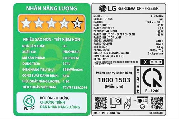 Tủ lạnh LG Inverter 374 lít LTD37BLM Màu Đen
