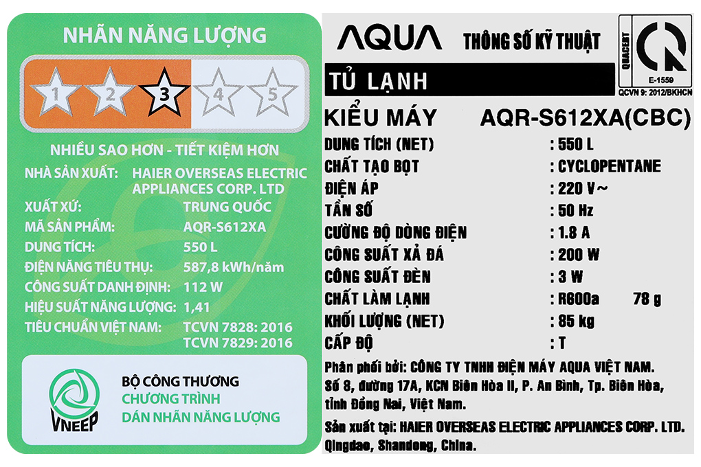 Tủ lạnh Aqua Inverter 550 lít Side By Side AQR-S612XA(CBC) Màu Đen