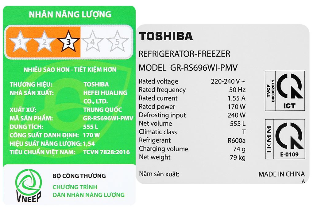 Tủ lạnh Toshiba Inverter 555 lít Side By Side GR-RS696WI-PMV(60)-AG Màu Xám