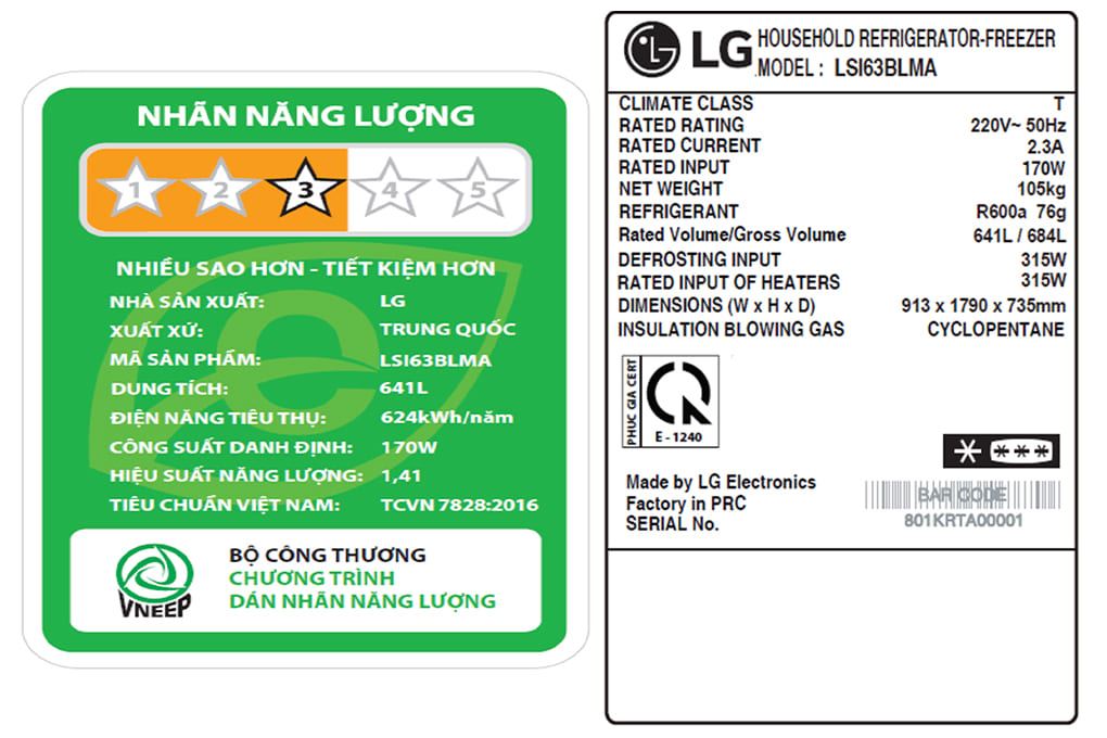 Tủ lạnh LG Inverter 641 lít Side By Side LSI63BLMA Màu Đen